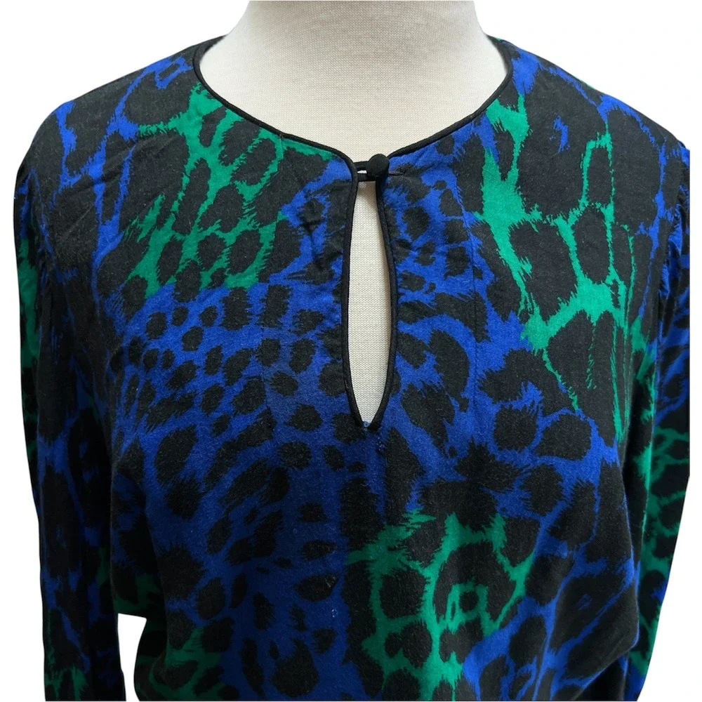 VTG 80s Glam Leopard Print 2 Piece Set Electric Blue Skirt Top Blouse Midi Funky